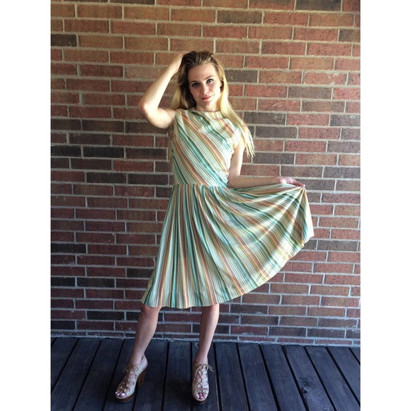 vintage 60s GREEN ORANGE diagonal striped Mod DRESS Small full skirt indie retro - Picture 6 of 10